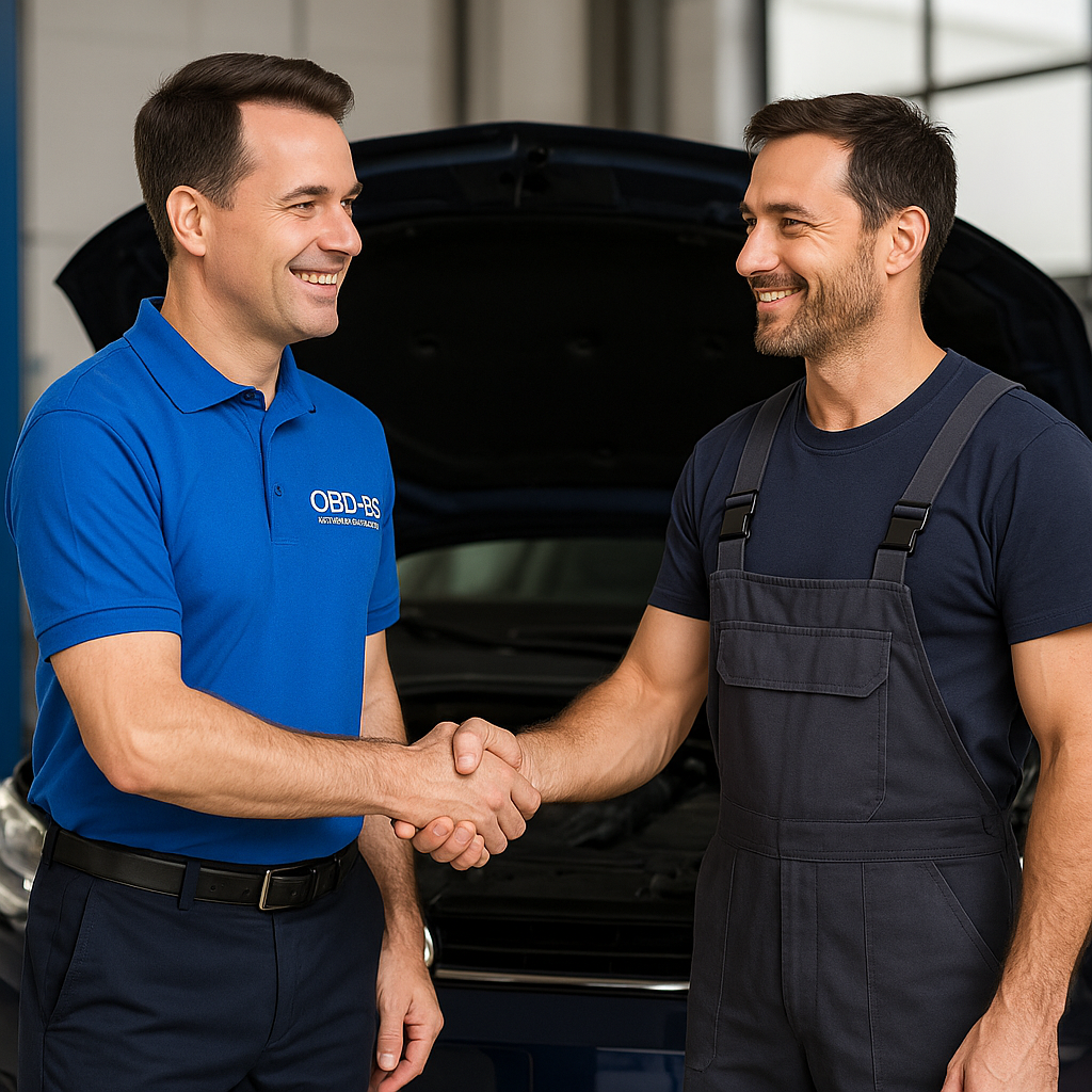 Garagiste serrant la main d'un client devant une voiture en réparation